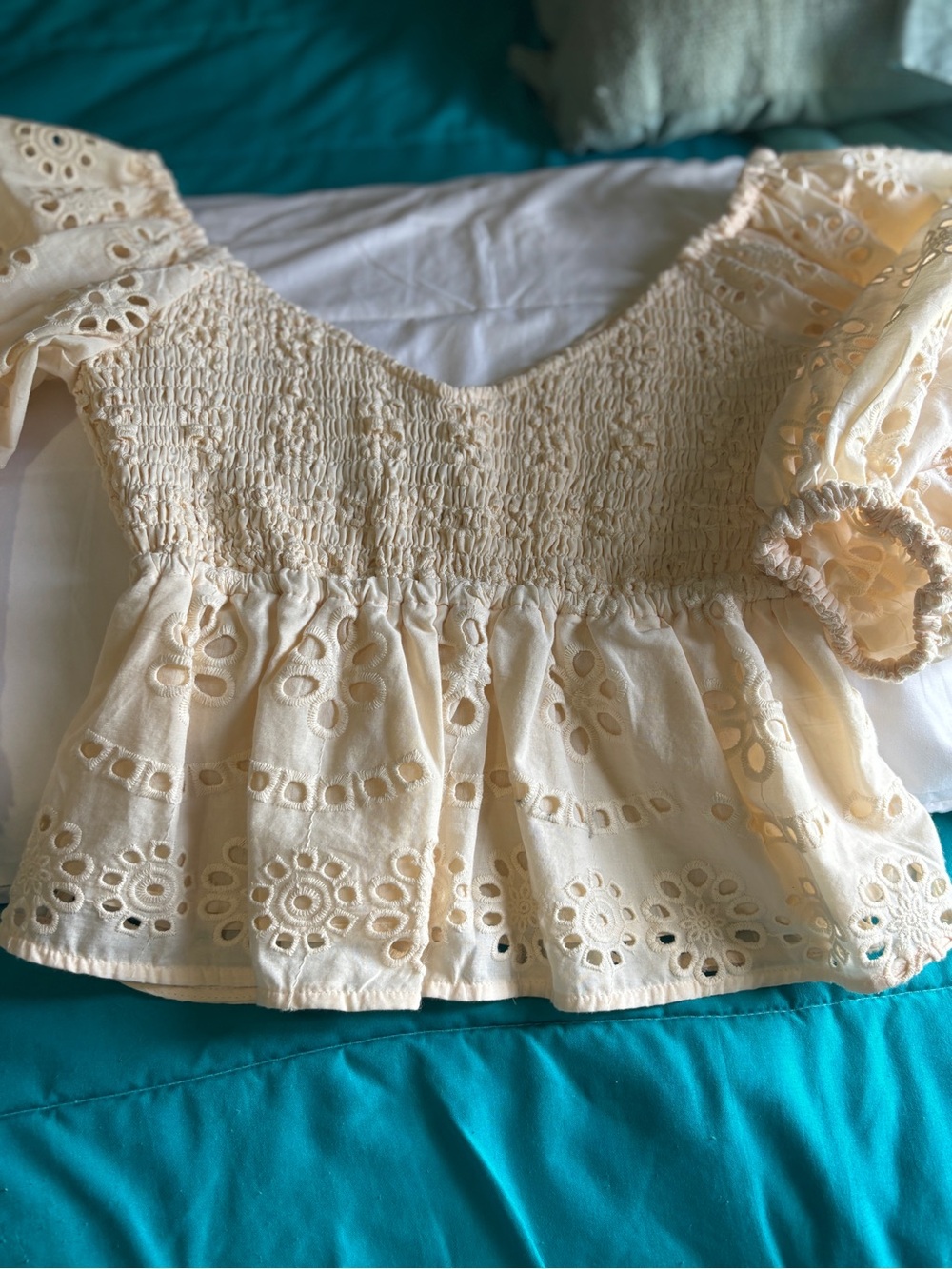 CHASER Smocked Eyelet Peplum Top - Cream